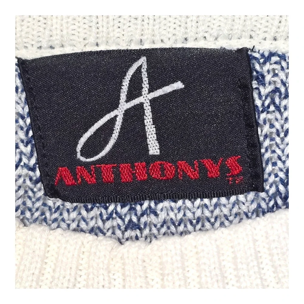 Vintage Anthonys Crew Neck Sweater‎ White Blue Geometric Aztec Print Medium